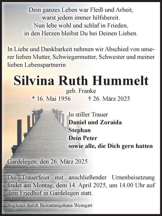Traueranzeige von Silvina Ruth Hummelt von Volksstimme Altmark West