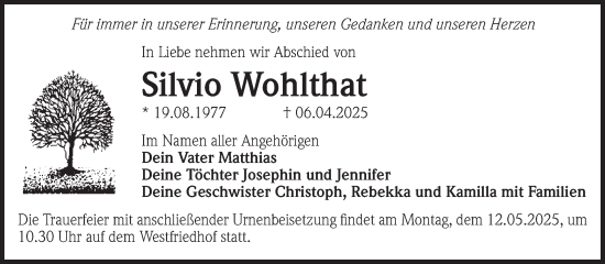 Traueranzeige von Silvio Wohlthat von Volksstimme Magdeburg
