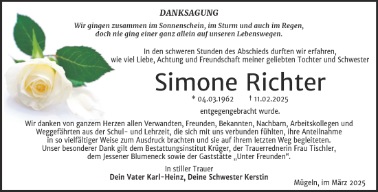 Traueranzeige von Simone Richter von Trauerkombi Wittenberg