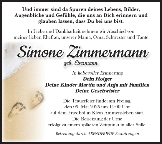 Traueranzeige von Simone Zimmermann von Volksstimme Haldensleben/Wolmirstedt