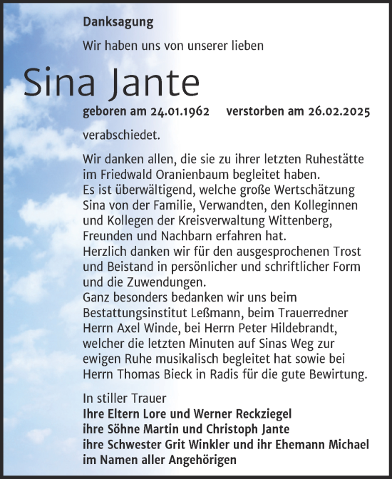 Traueranzeige von Sina Jante von Trauerkombi Wittenberg