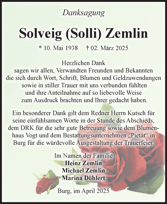 Traueranzeige von Solveig Zemlin von Volksstimme Burg/Genthin