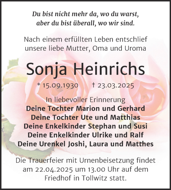 Traueranzeige von Sonja Heinrichs von Trauerkombi Merseburg