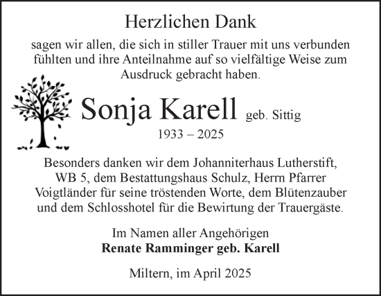 Traueranzeige von Sonja Karell von Volksstimme Altmark Ost