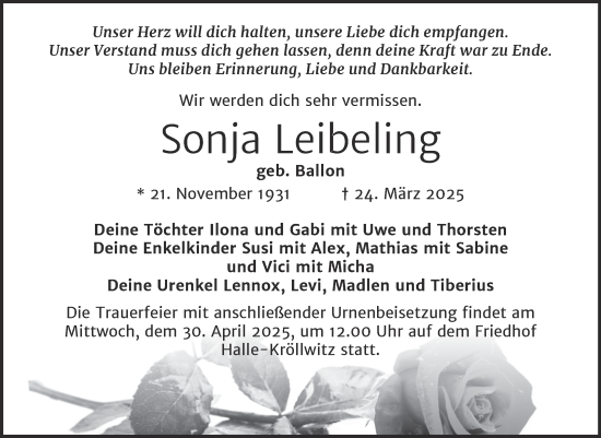 Traueranzeige von Sonja Leibeling von Mitteldeutsche Zeitung Halle/Saalkreis