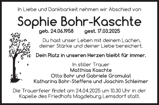 Traueranzeige von Sophie Bohr-Kaschte von Volksstimme Magdeburg