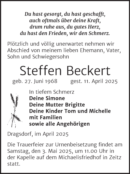 Traueranzeige von Steffen Beckert von Trauerkombi Zeitz