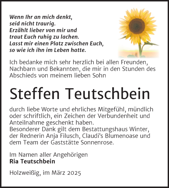 Traueranzeige von Steffen Teutschbein von Trauerkombi Bitterfeld