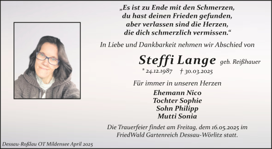 Traueranzeige von Steffi Lange von Trauerkombi Dessau