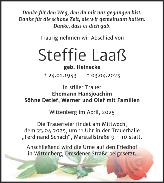 Traueranzeige von Steffie Laaß von Trauerkombi Wittenberg