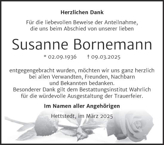 Traueranzeige von Susanne Bornemann von Trauerkombi Mansfelder Land