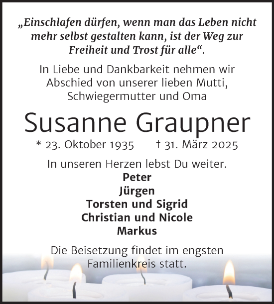 Traueranzeige von Susanne Graupner von Mitteldeutsche Zeitung Halle/Saalkreis