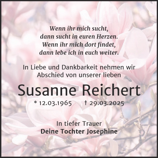 Traueranzeige von Susanne Reichert von Trauerkombi Köthen