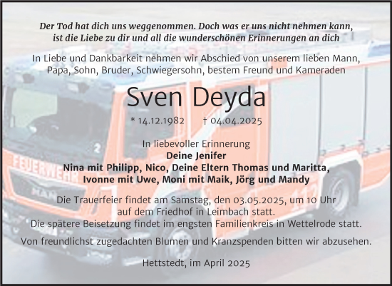 Traueranzeige von Sven Deyda von Trauerkombi Mansfelder Land