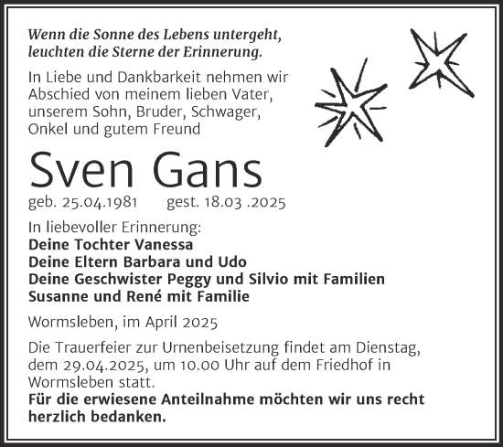 Traueranzeige von Sven Gans von Trauerkombi Mansfelder Land