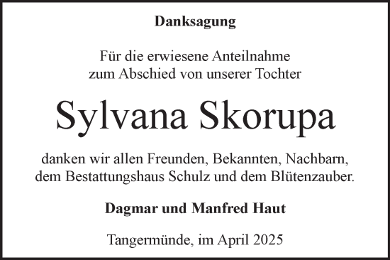 Traueranzeige von Sylvana Skorupa von Volksstimme Altmark Ost