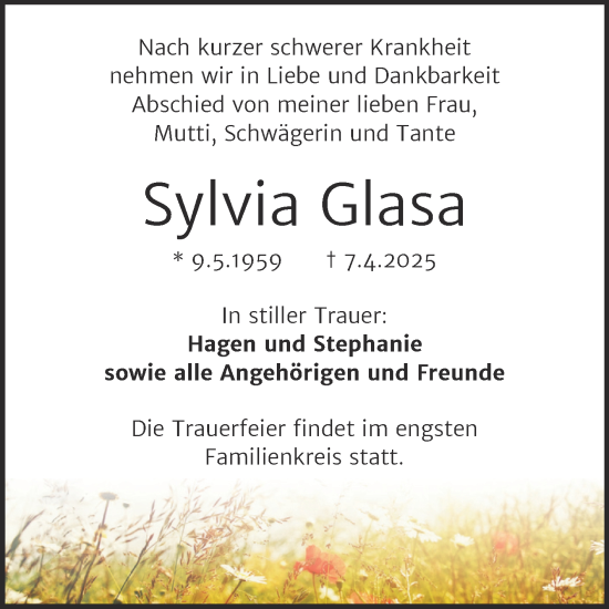 Traueranzeige von Sylvia Glasa von Trauerkombi Dessau