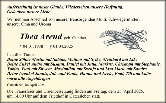 Traueranzeige von Thea Arend von Trauerkombi Aschersleben