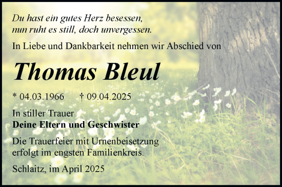 Traueranzeige von Thomas Bleul von Trauerkombi Bitterfeld