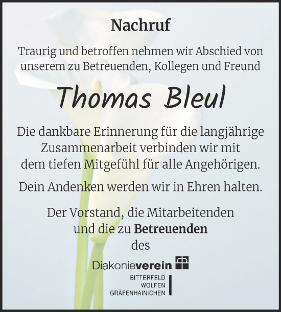 Traueranzeige von Thomas Bleul von SuperSonntag Bitterfeld