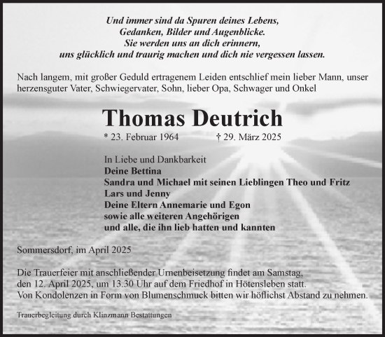 Traueranzeige von Thomas Deutrich von Volksstimme Oschersleben/Wanzleben