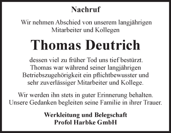 Traueranzeige von Thomas Deutrich von Volksstimme Oschersleben/Wanzleben