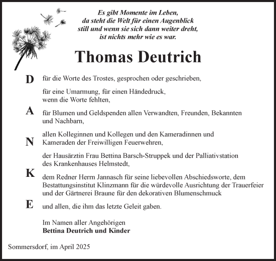 Traueranzeige von Thomas Deutrich von Volksstimme Oschersleben/Wanzleben