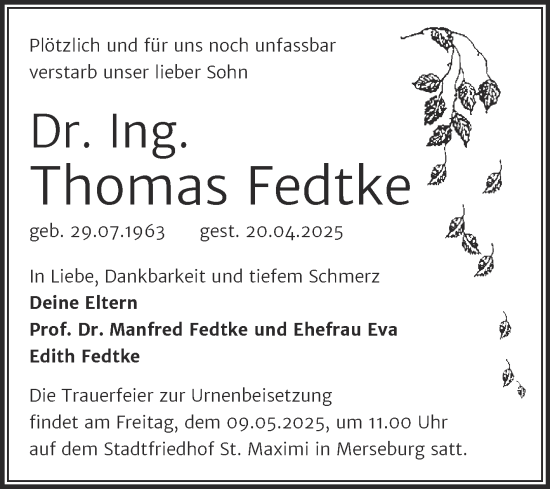 Traueranzeige von Thomas Fedtke von Trauerkombi Merseburg