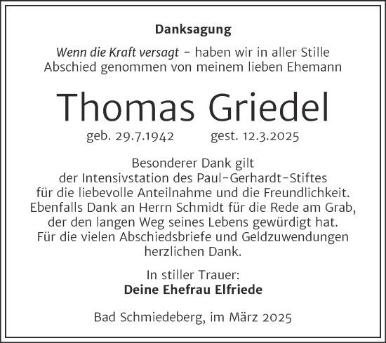 Traueranzeige von Thomas Griedel von Trauerkombi Wittenberg