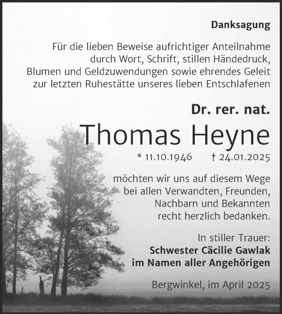 Traueranzeige von Thomas Heyne von Super Sonntag Naumburg/Nebra