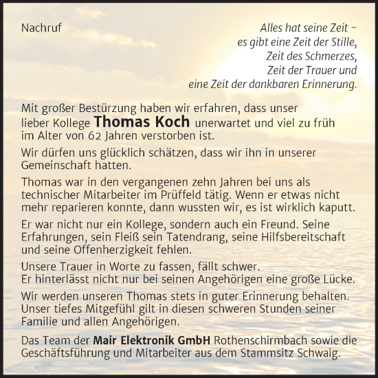 Traueranzeige von Thomas Koch von Super Sonntag Mansfelder Land
