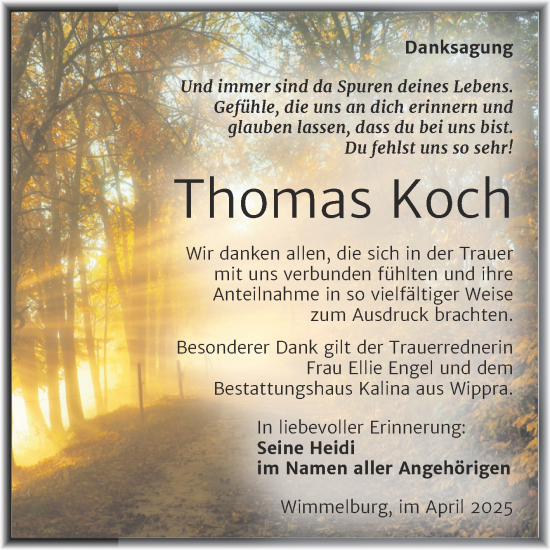 Traueranzeige von Thomas Koch von Trauerkombi Mansfelder Land