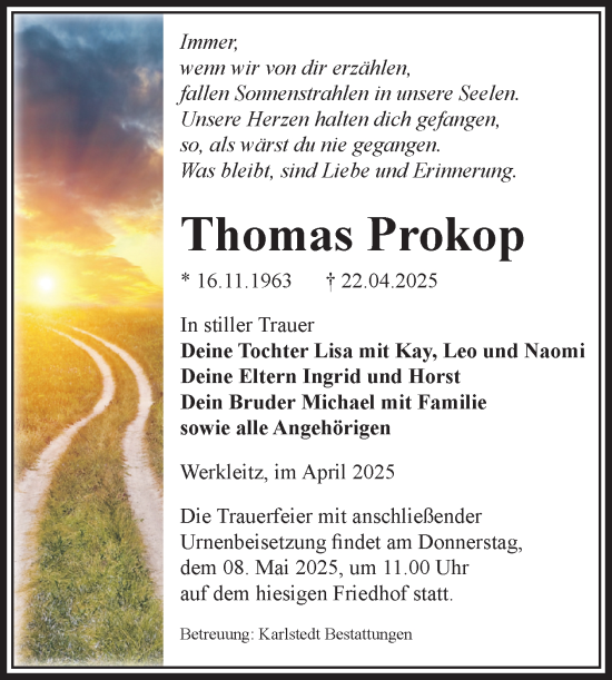 Traueranzeige von Thomas Prokop von Volksstimme Schönebeck