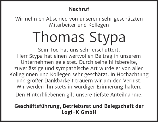 Traueranzeige von Thomas Stypa von Super Sonntag Mansfelder Land