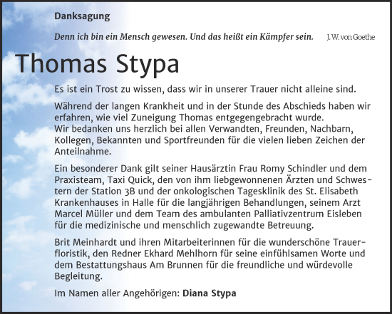 Traueranzeige von Thomas Stypa von Trauerkombi Mansfelder Land