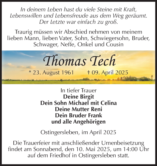 Traueranzeige von Thomas Tech von Volksstimme Haldensleben/Wolmirstedt