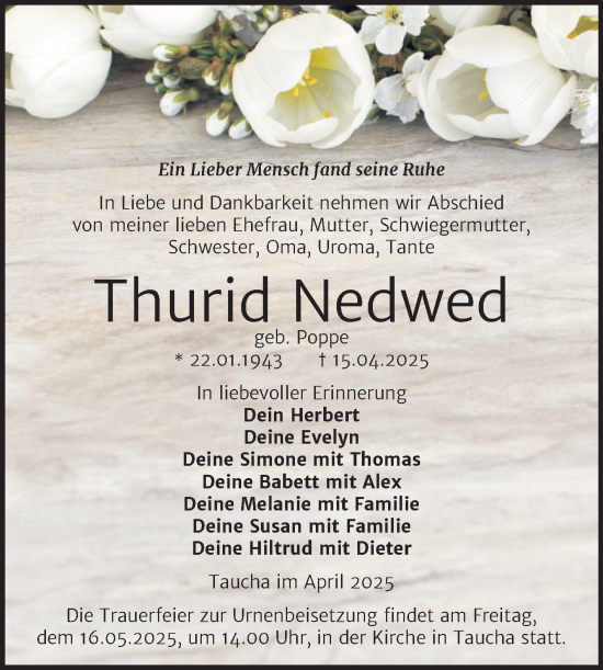 Traueranzeige von Thurid Nedwed von Trauerkombi Weißenfels