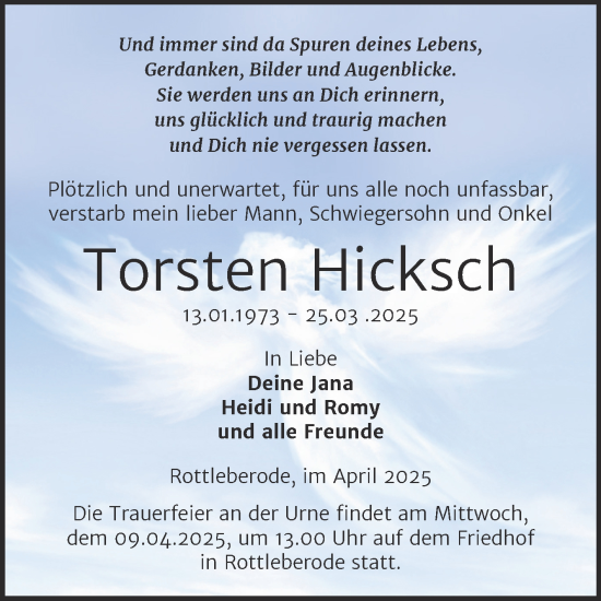 Traueranzeige von Torsten Hicksch von Trauerkombi Sangerhausen