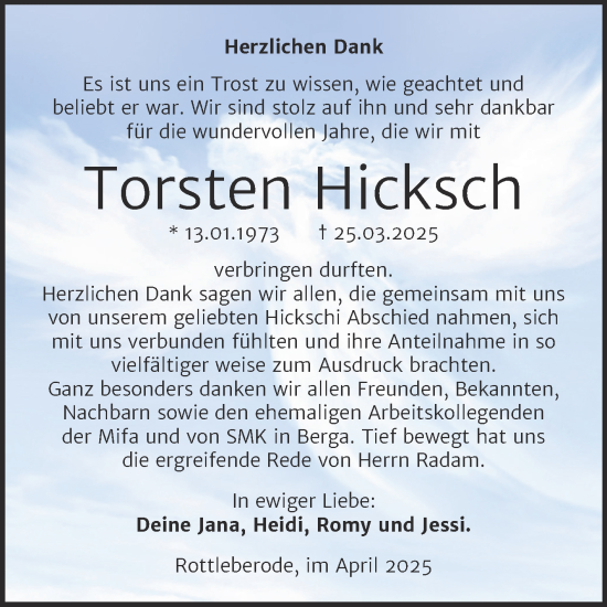 Traueranzeige von Torsten Hicksch von Trauerkombi Sangerhausen