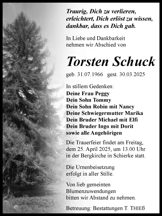 Traueranzeige von Torsten Schuck von Volksstimme Wernigerode