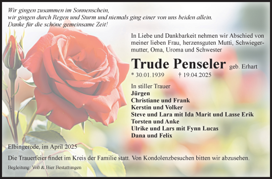Traueranzeige von Trude Penseler von Volksstimme Wernigerode