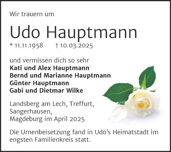 Traueranzeige von Udo Hauptmann von Trauerkombi Sangerhausen