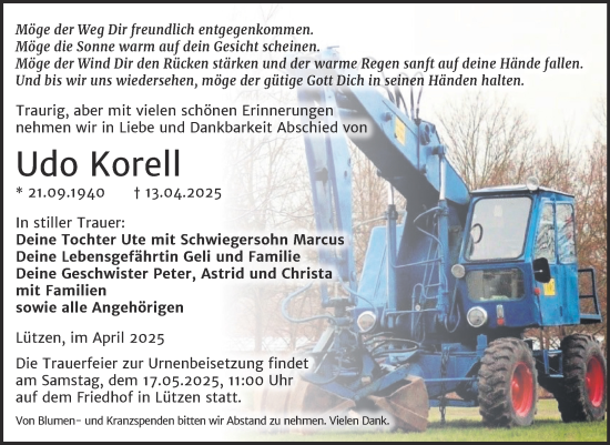 Traueranzeige von Udo Korell von Trauerkombi Weißenfels