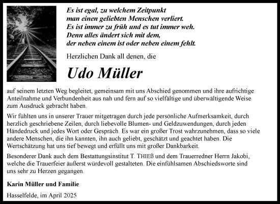 Traueranzeige von Udo Müller von Volksstimme Wernigerode