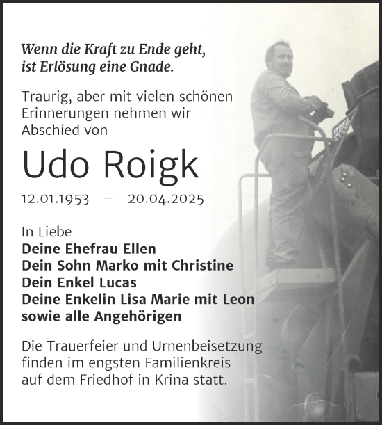 Traueranzeige von Udo Roigk von Trauerkombi Bitterfeld
