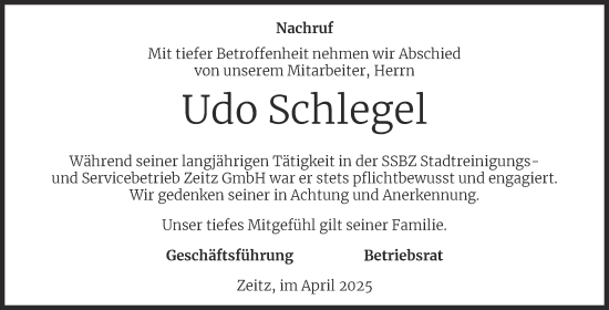 Traueranzeige von Udo Schlegel von Super Sonntag Zeitz
