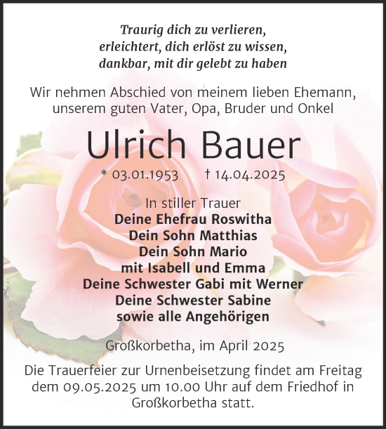 Traueranzeige von Ulrich Bauer von Trauerkombi Weißenfels