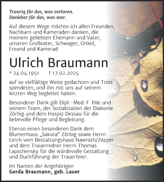 Traueranzeige von Ulrich Braumann von Trauerkombi Bitterfeld