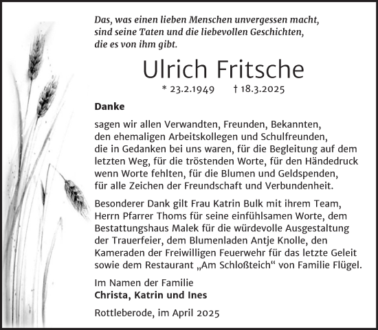 Traueranzeige von Ulrich Fritsche von Trauerkombi Sangerhausen