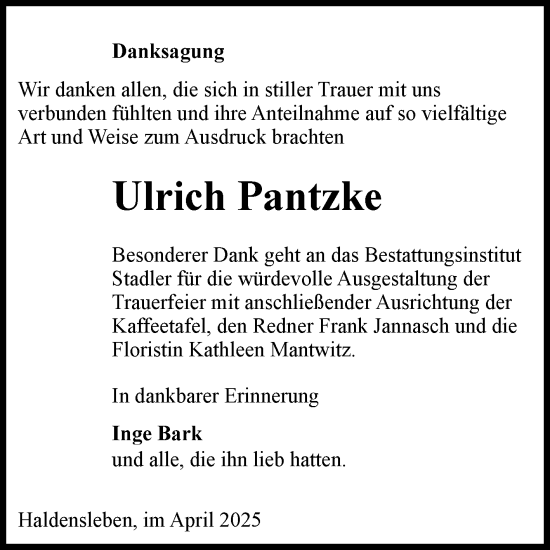 Traueranzeige von Ulrich Pantzke von Volksstimme Haldensleben/Wolmirstedt